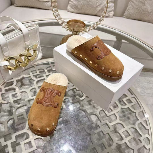 Celine 25 Rivet Birkenstock Slippers Brown Suede Shearling