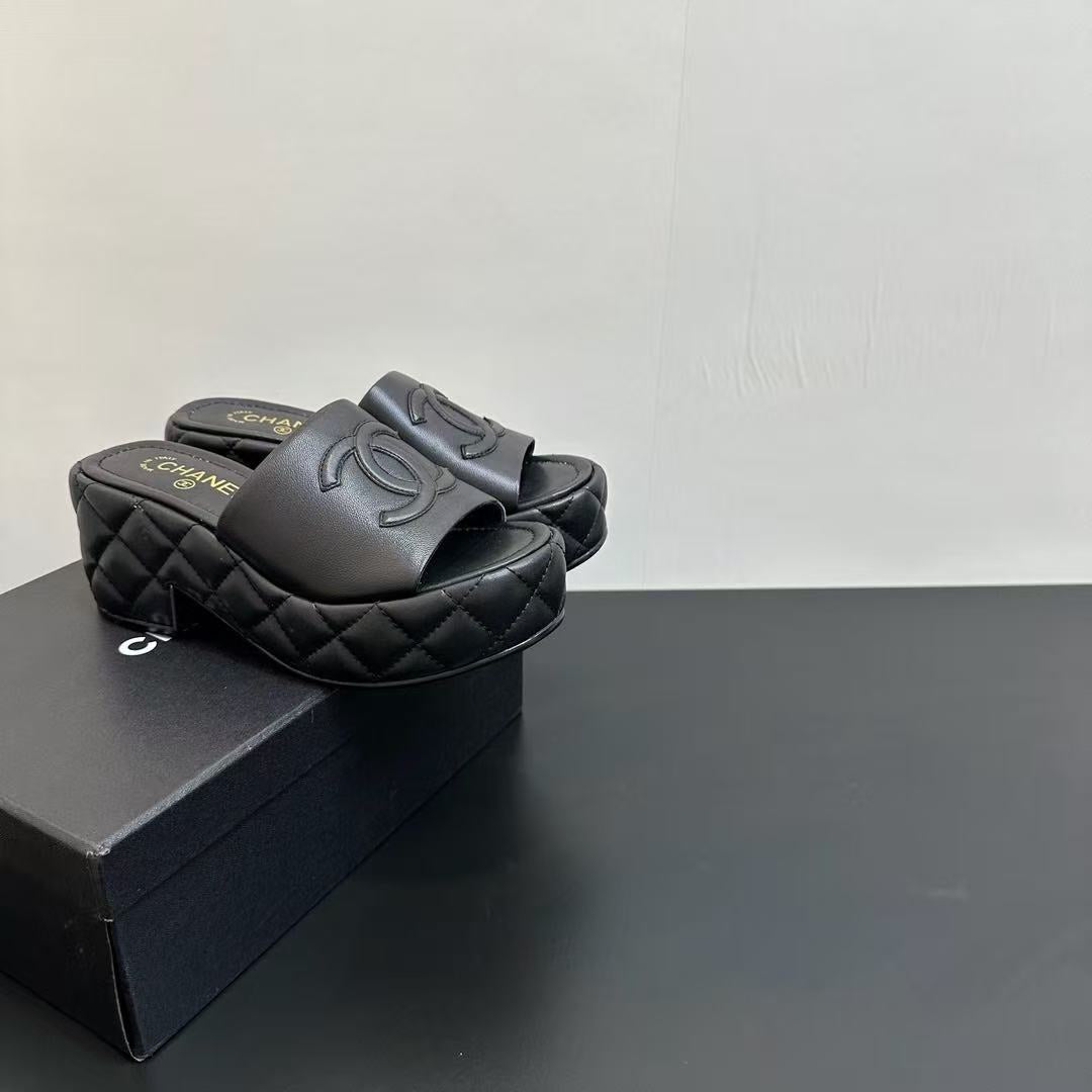 Chanel Chanel Wedge Sandals Black Lambskin