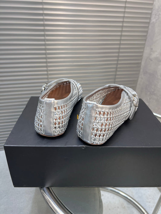 Alaia Braided Hollow Ballet Flats Silver Cowhide 300042