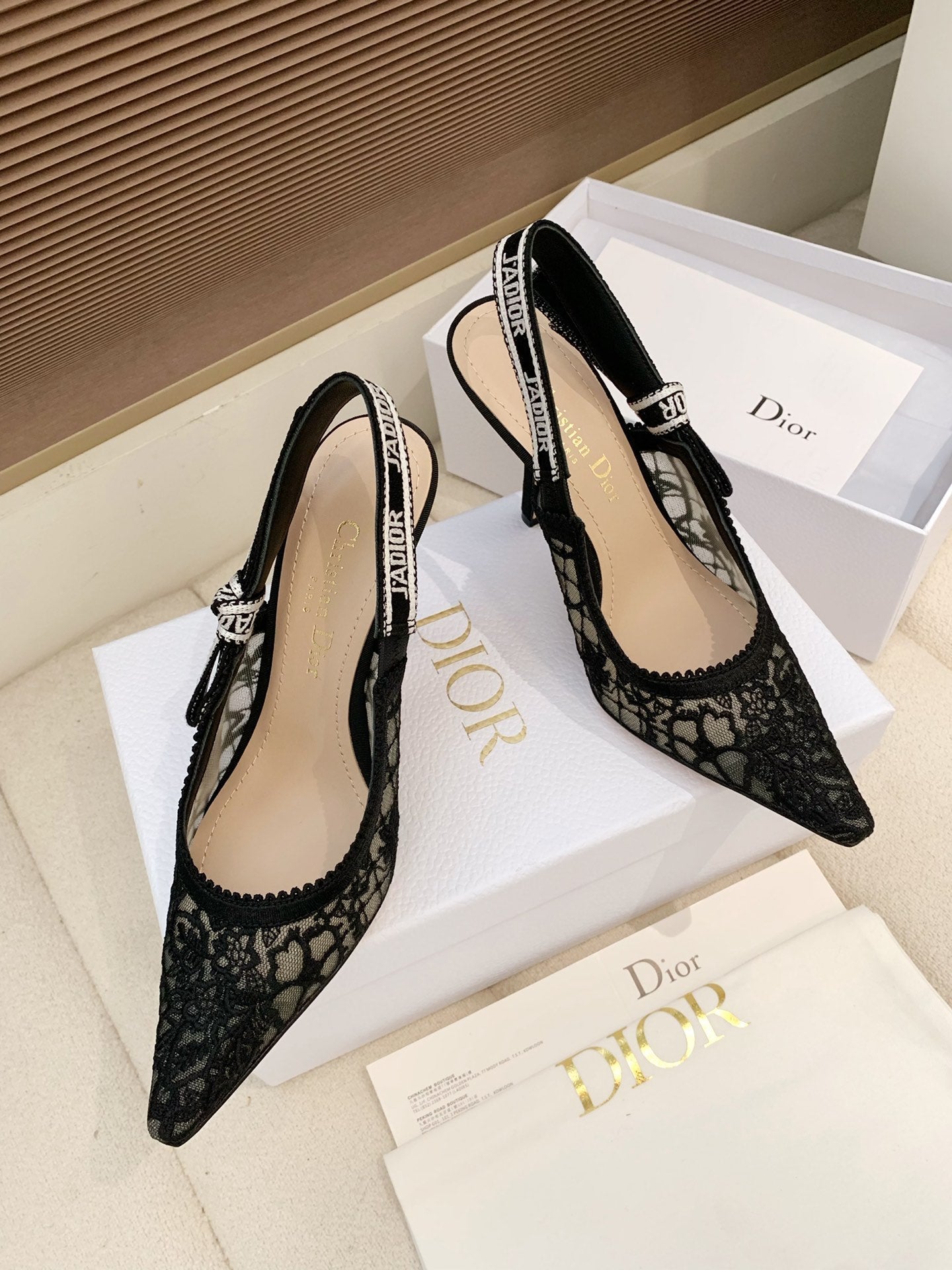 CD Ribbon Lace Open-toe Black Sandals 95 in Sheepskin 598116