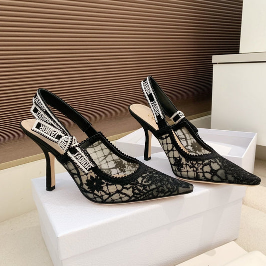 CD Ribbon Lace Open-toe Black Sandals 95 in Sheepskin 598116