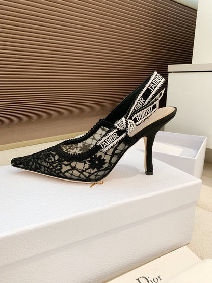 CD Ribbon Lace Open-toe Black Sandals 95 in Sheepskin 598116