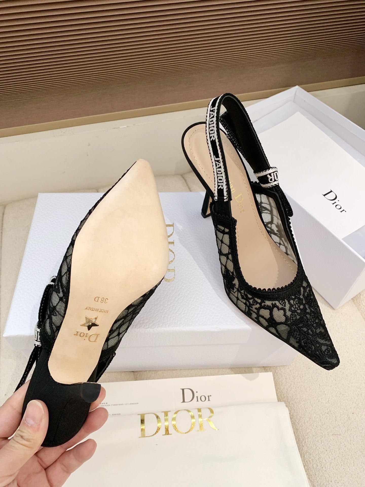 CD Ribbon Lace Open-toe Black Sandals 95 in Sheepskin 598116