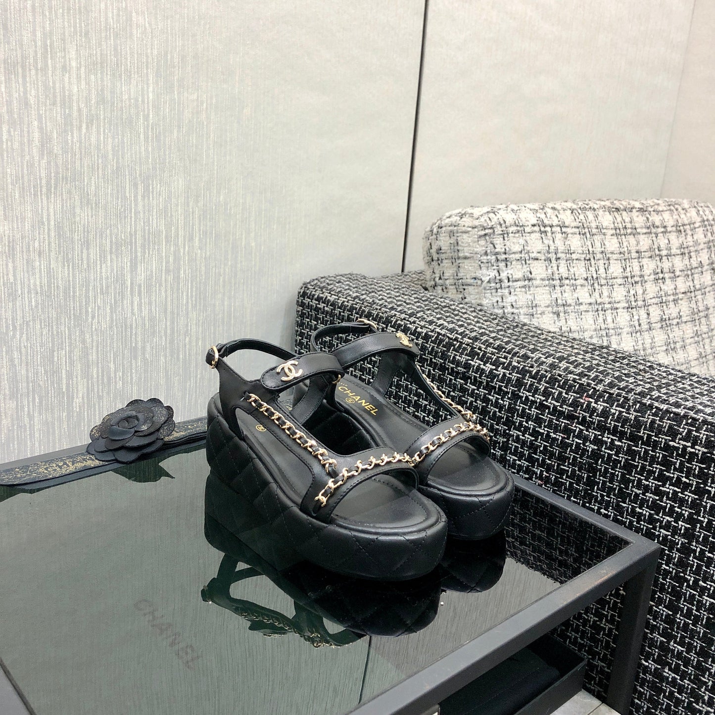 Chanel 26 Platform Chain Sandals Black in Lambskin 602503
