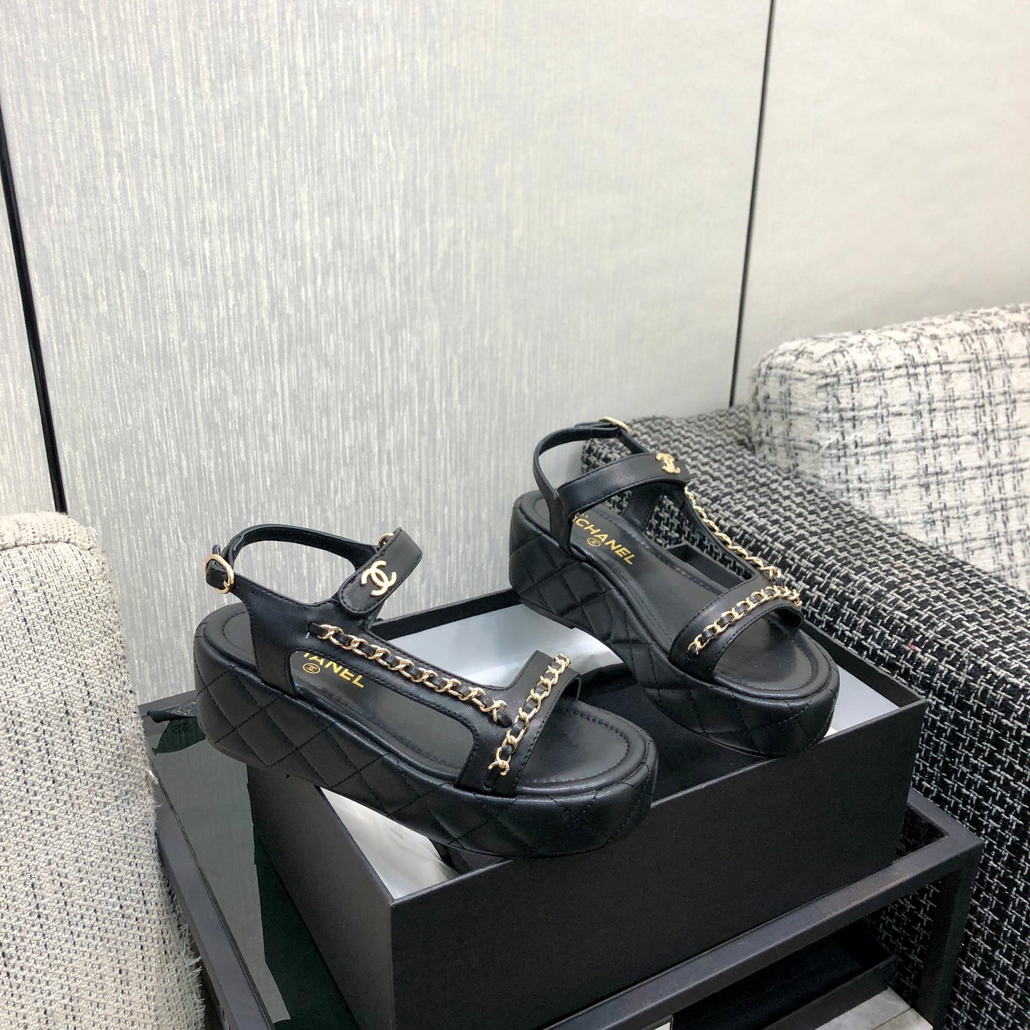 Chanel 26 Platform Chain Sandals Black in Lambskin 602503