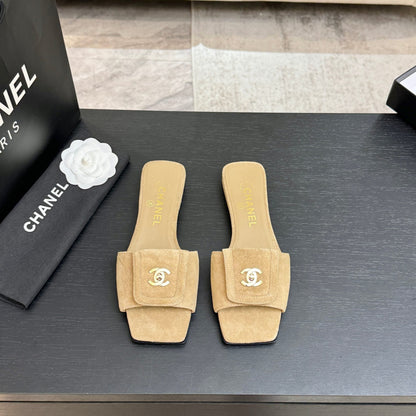 Chanel 26C Double C Buckle Square Toe Slippers Beige in Suede 673026
