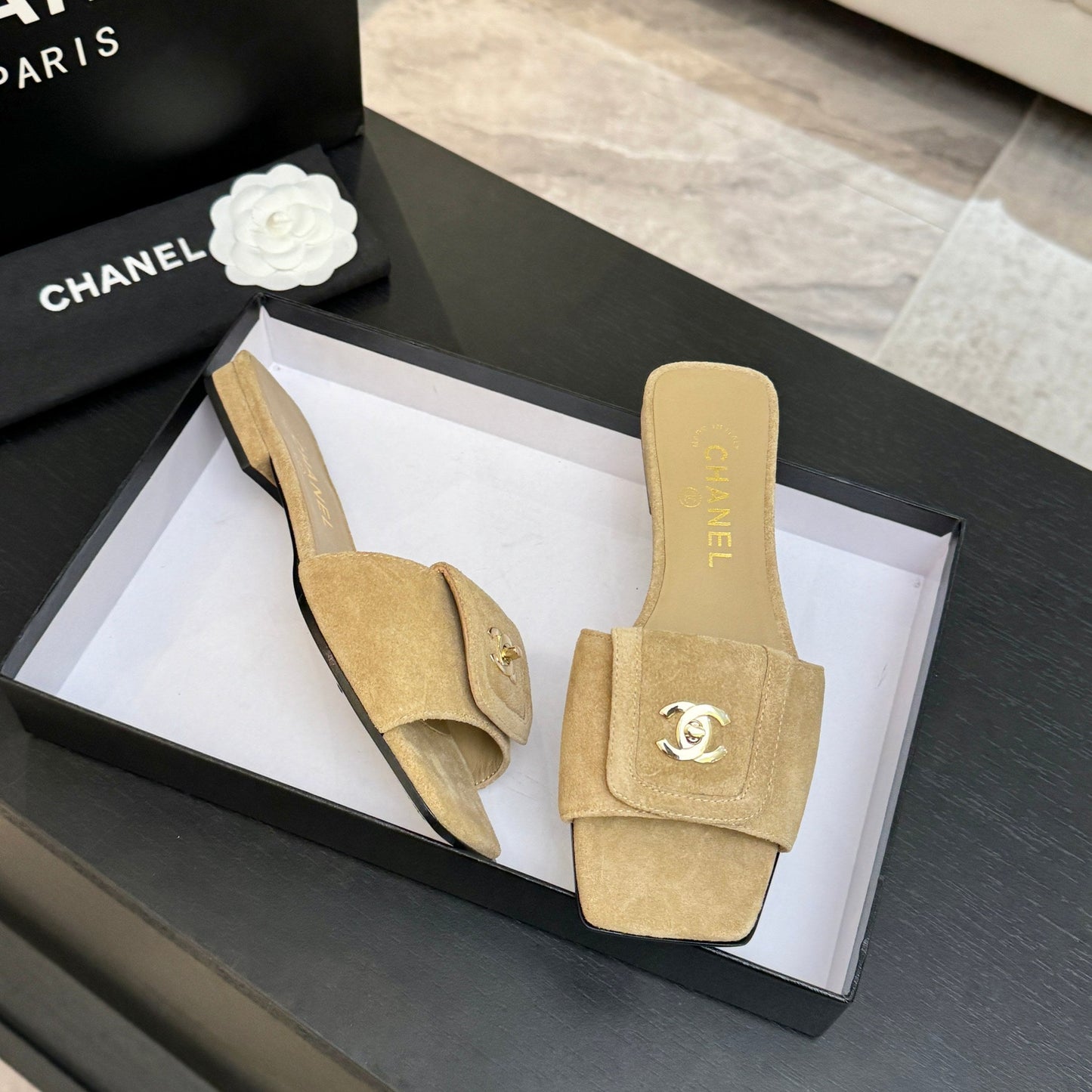 Chanel 26C Double C Buckle Square Toe Slippers Beige in Suede 673026