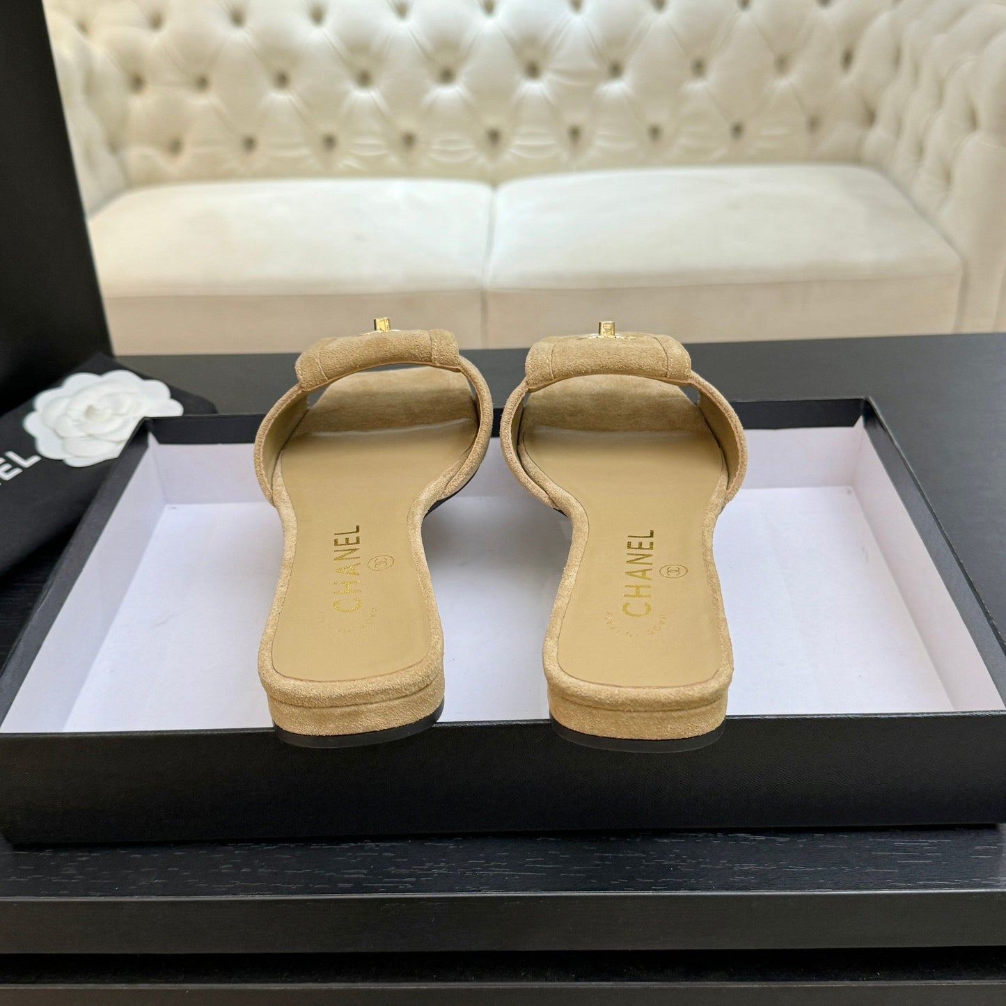 Chanel 26C Double C Buckle Square Toe Slippers Beige in Suede 673026