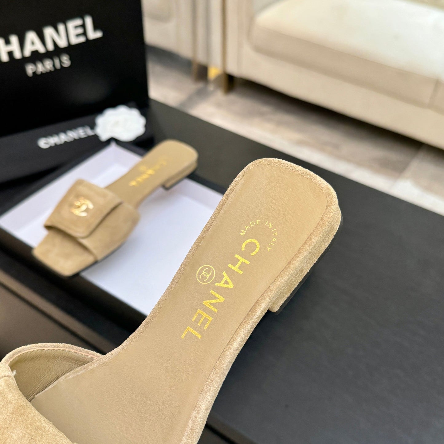 Chanel 26C Double C Buckle Square Toe Slippers Beige in Suede 673026