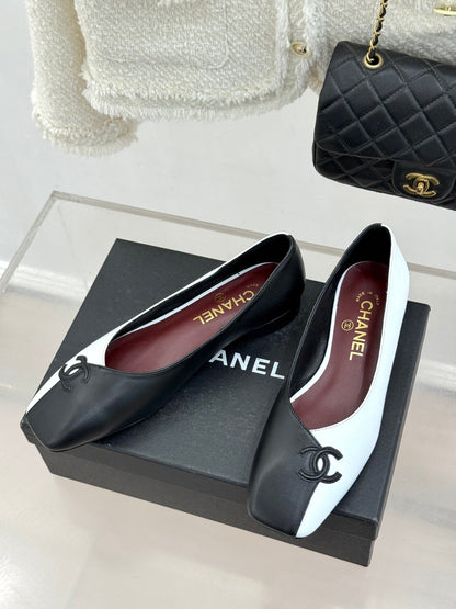 CC 26S Double C Patchwork Ballet Flat Black White in Cowhide 706366