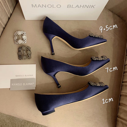 Hangisi Navy Blue Satin Crystal Embellished Pumps 156289