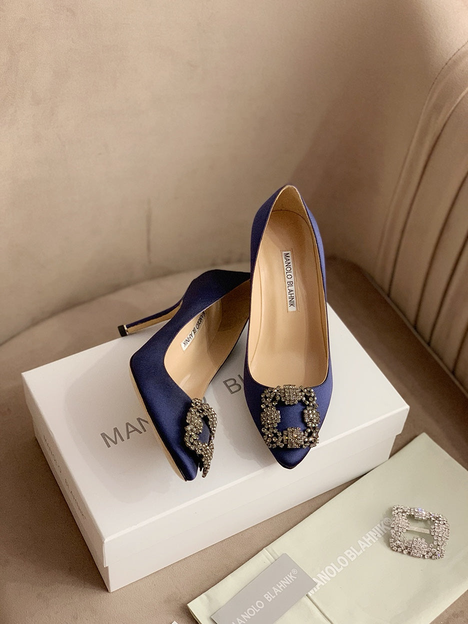 Hangisi Navy Blue Satin Crystal Embellished Pumps 156289