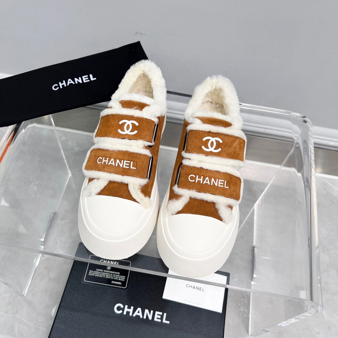 CC Sneaker Thick-Soled White Brown Suede Wool Lining Fleece