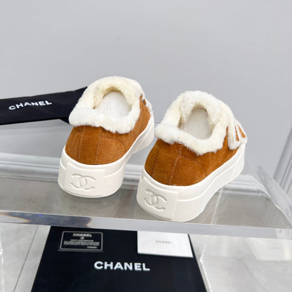 CC Sneaker Thick-Soled White Brown Suede Wool Lining Fleece