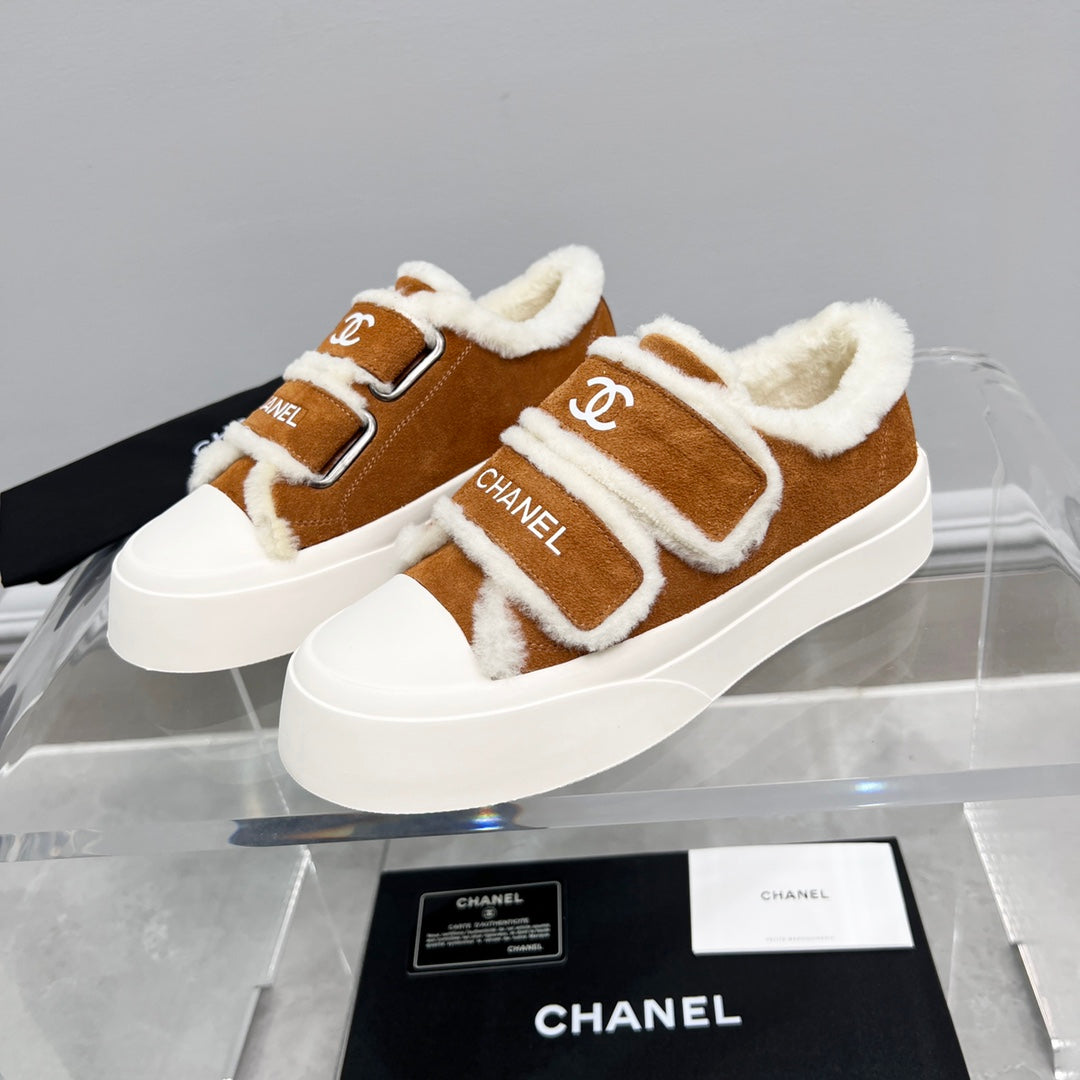CC Sneaker Thick-Soled White Brown Suede Wool Lining Fleece