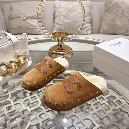 Celine 25 Rivet Birkenstock Slippers Brown Suede Shearling