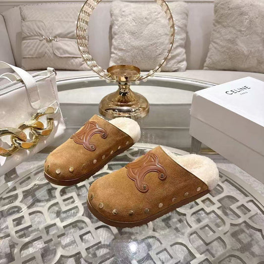 Celine 25 Rivet Birkenstock Slippers Brown Suede Shearling