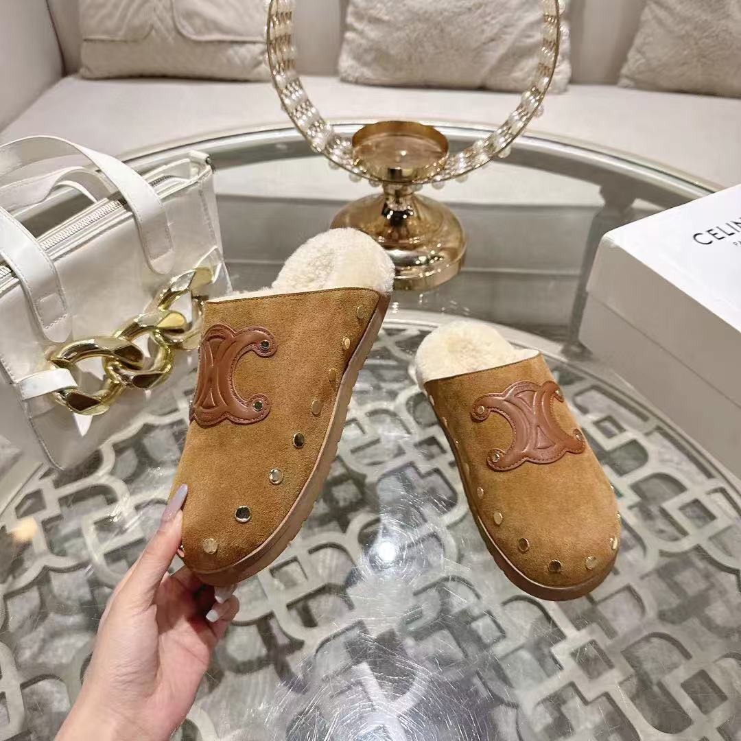 Celine 25 Rivet Birkenstock Slippers Brown Suede Shearling