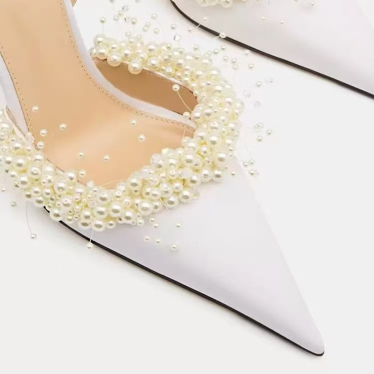 Mach & Mach Court Slingbacks 85mm White Floating Pearl and Satin