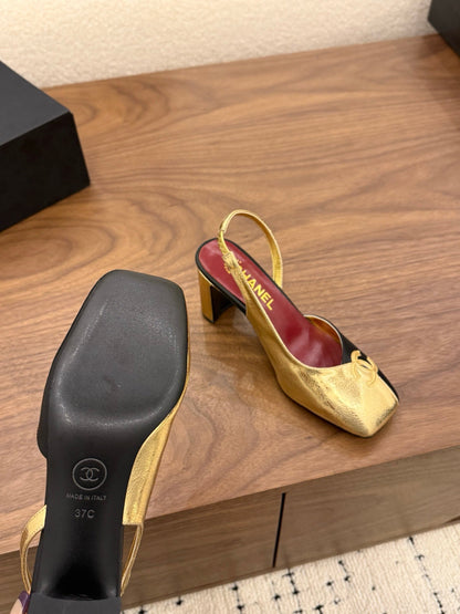 Slingback Black Gold 75mm Square Toe Cowhide