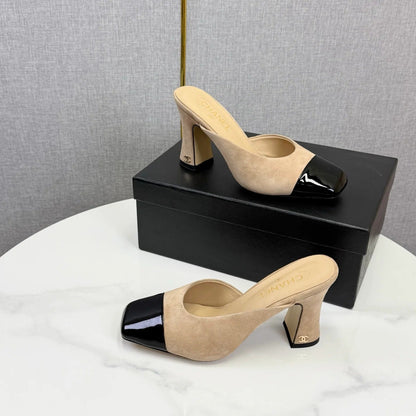 Chanel 2026 Double C Square-toe Sandal 70mm Beige Black Suede Leather 619768
