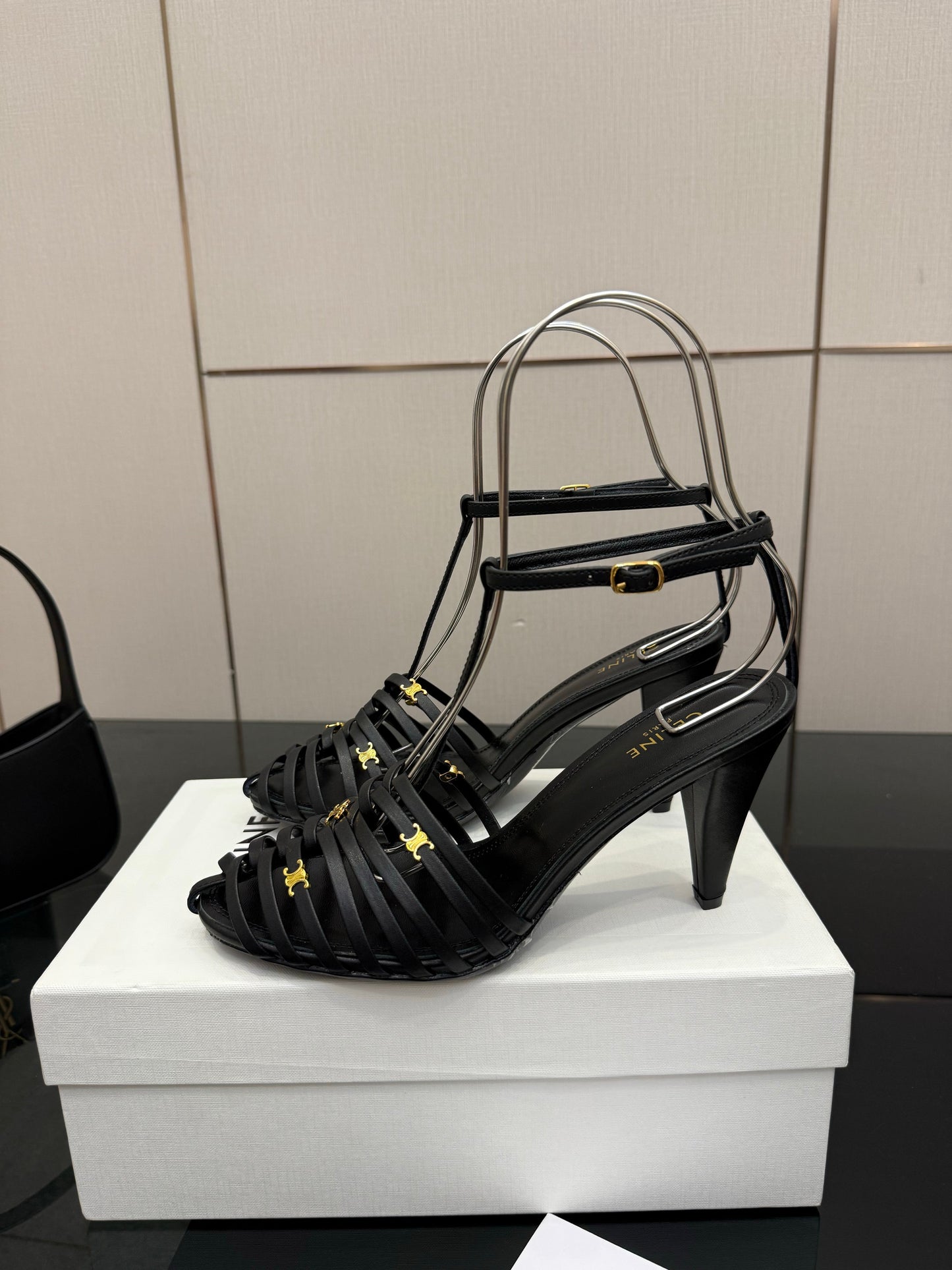 CL Cage Heeled Sandal 9cm Black Calfskin 725650