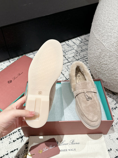 LP Summer Charms Walk Loafers In Light Brown Beige Suede With Rabbit Fur Lining  985651