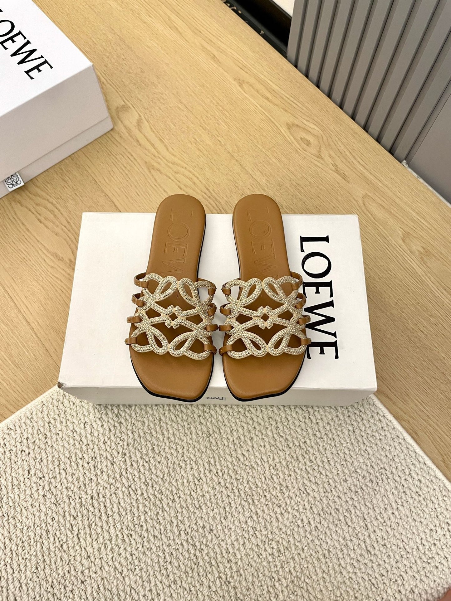 Loewe Petal Anagram Rhinestone Slides Brown Leather 723132