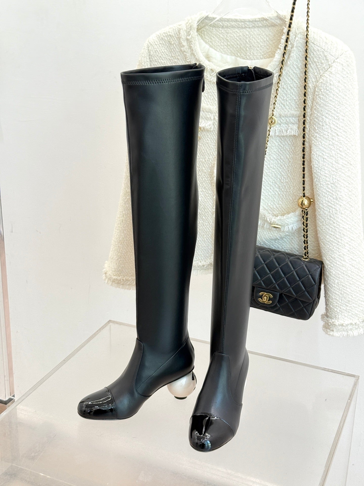 Chanel 25 Double C Giant Pearl Heel Long Boot Black White Sheepskin 465413