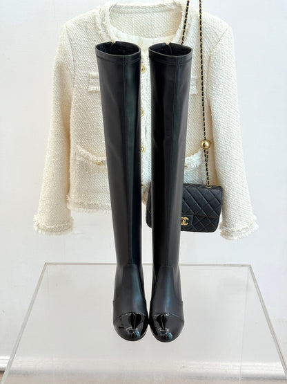 Chanel 25 Double C Giant Pearl Heel Long Boot Black White Sheepskin 465413
