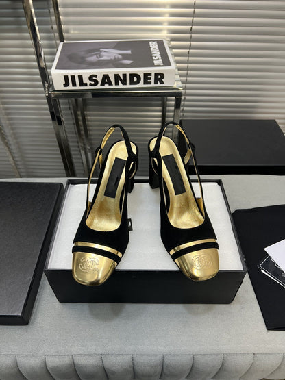slingback black suede gold metalic lambskin square toe 9.5