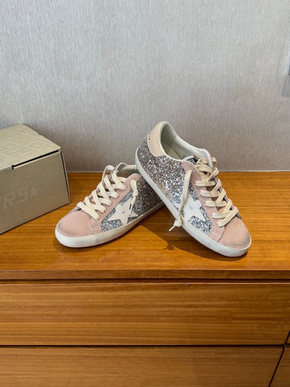 BALL STAR SNEAKERS WHITE CALFSKIN STAR PINK SUEDE SILVER GLITTER UPPER