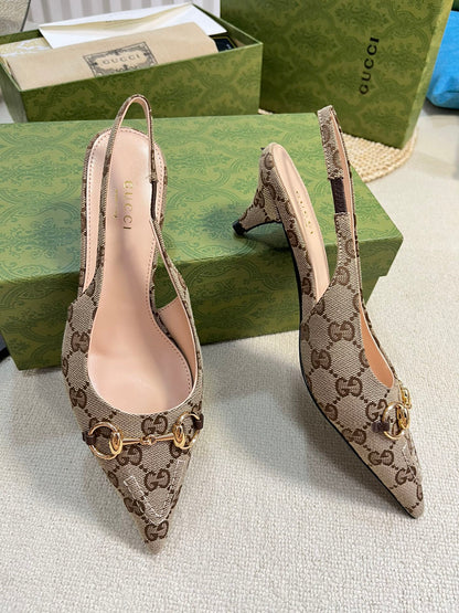 GC Horsebit Slingback Pump 50mm Beige mix Brown Canvas Sheepskin 294560