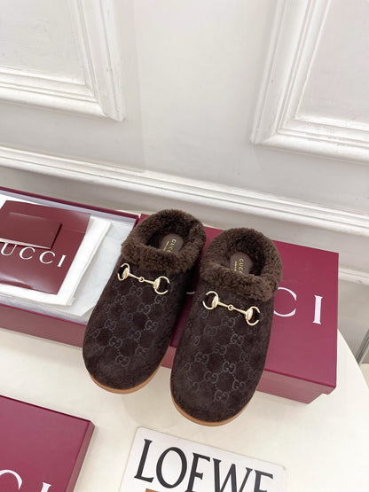 GG Horsebit Embossed Mule Dark Brown Suede And Wool 536052
