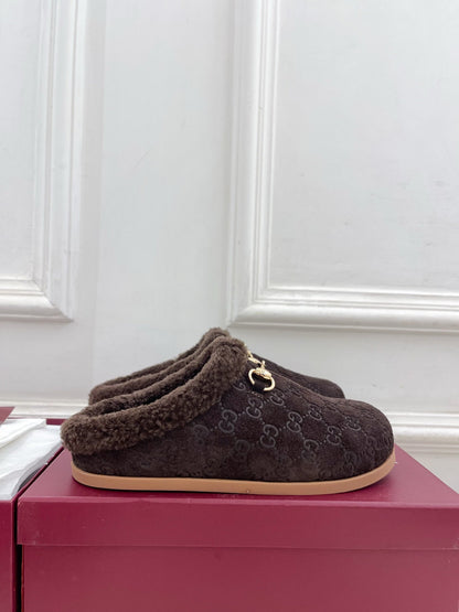 GG Horsebit Embossed Mule Dark Brown Suede And Wool 536052