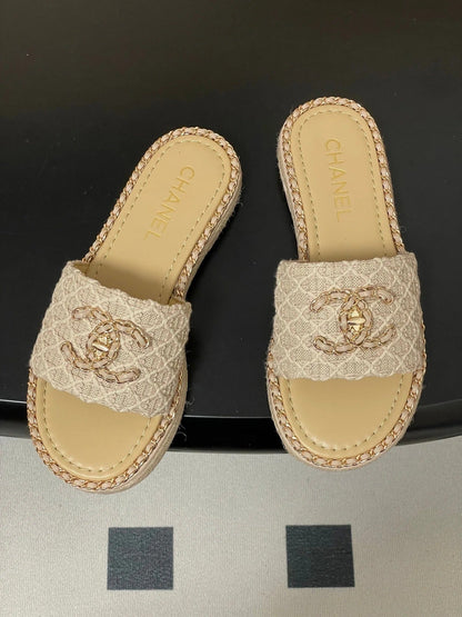 CC 26s Flat Slippers Beige Gold Fabric Sheepskin 649484